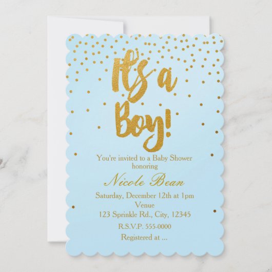 IT'S A BOY Light Blue & 金ゴールド紙吹雪招待状 招待状 (正面)