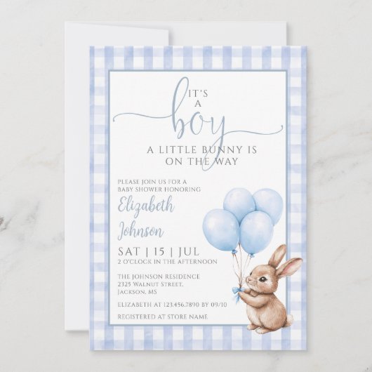 Its A Boy Little Bunny Blue Balloons Baby Shower 招待状 (正面)