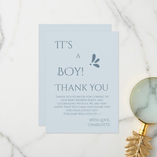 It's A Boy! Minimalism Pastel Blue Baby Shower サンキューカード (正面/裏面インサイチュ)