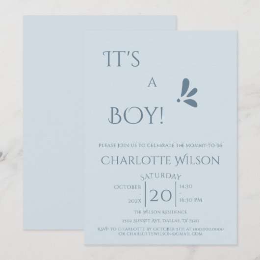 It's A Boy! Minimalism Pastel Blue Baby Shower 招待状 (正面/裏面)