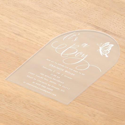 It's A Boy Modern Minimal Butterfly Baby Shower アクリル招待状 (レイダウン)