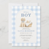 It's a Boy Puppy Dog Gingham Baby Shower 招待状 (正面)