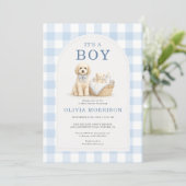It's a Boy Puppy Dog Gingham Baby Shower 招待状 (スタンド正面)