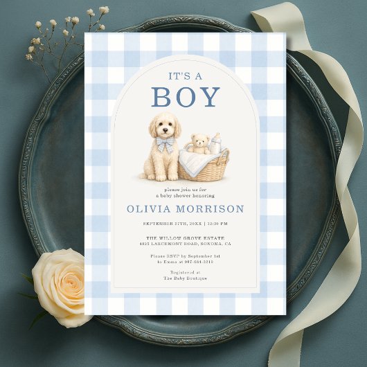It's a Boy Puppy Dog Gingham Baby Shower 招待状