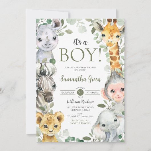 It's a Boy Safari Baby Shower 招待状 (正面)