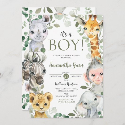  It's a Boy Safari Baby Shower 招待状 (正面/裏面)