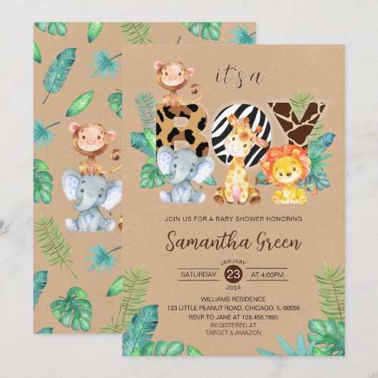 It's a Boy Safari Jungle Baby Shower 招待状 (正面/裏面)