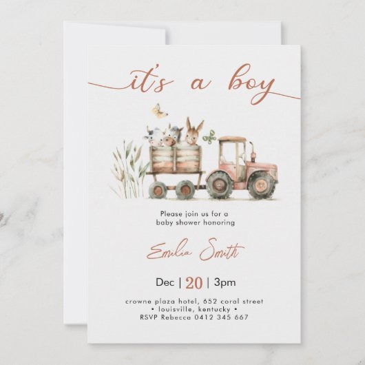 It's a Boy Tractor Baby Shower 招待状 (正面)