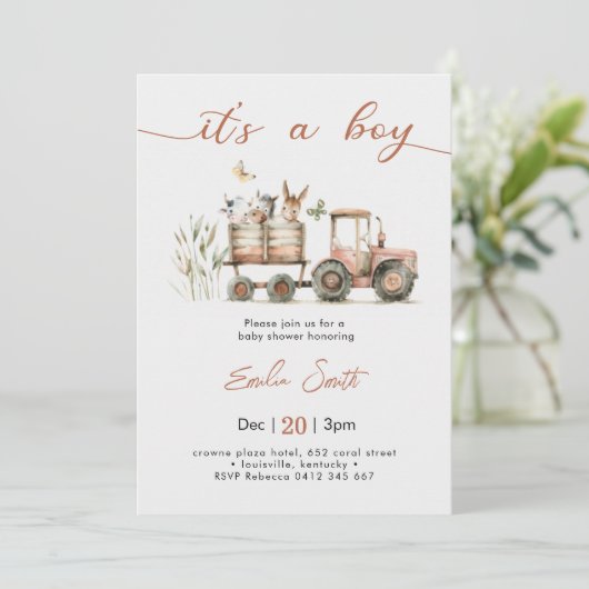  It's a Boy Tractor Baby Shower 招待状 (スタンド正面)