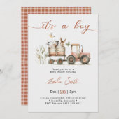 It's a Boy Tractor Baby Shower 招待状 (正面/裏面)