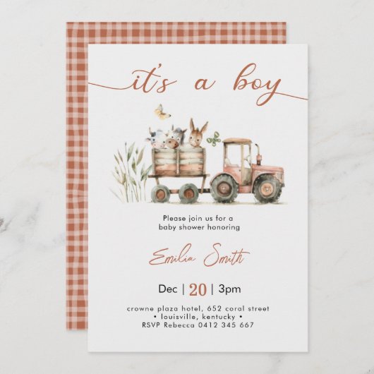  It's a Boy Tractor Baby Shower 招待状 (正面/裏面)