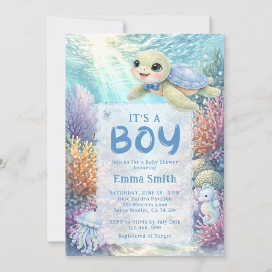 It's a Boy Under the Sea Turtle Boy Baby Shower 招待状 (正面)