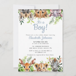 It's A Boy Watercolor Safari Animals Baby Shower 招待状