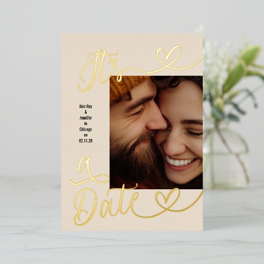 It's A Date Elegant Wedding 4 Photo Collage Gold 箔招待状 (立ち正面)