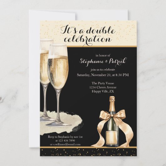 It's a Double Celebration Black Champagne Birthday 招待状 (正面)