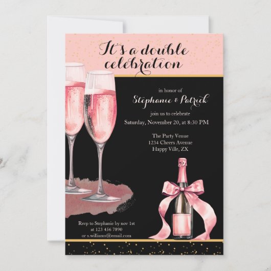 It's a Double Celebration Black Champagne Birthday 招待状 (正面)