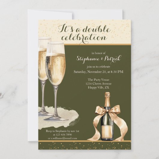 It's a Double Celebration Green Champagne Birthday 招待状 (正面)