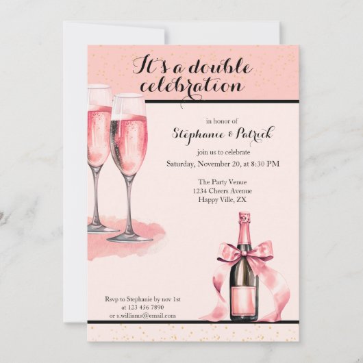 It's a Double Celebration Pink Champagne Birthday 招待状 (正面)