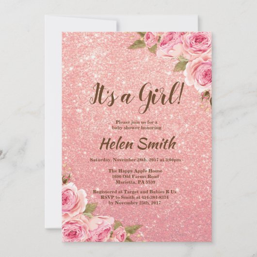 It's A Girlバラ金ゴールドグリッターフローラベビーシャワー 招待状 (正面)