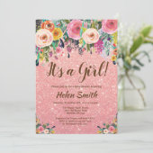 It's A Girlフローラバラ金ゴールドグリッターBaby Shawer 招待状 (スタンド正面)