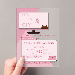 It's A Girl! かわいいクマのコンピューター画面ベビーシャワー アクリル招待状