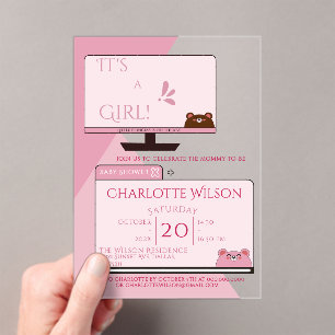 It's A Girl! かわいいクマのコンピューター画面ベビーシャワー アクリル招待状