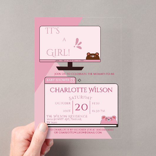 It's A Girl! かわいいクマのコンピューター画面ベビーシャワー アクリル招待状 (インサイチュ (ポータブル))