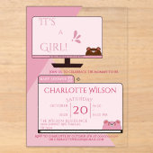 It's A Girl! かわいいクマのコンピューター画面ベビーシャワー アクリル招待状 (正面)