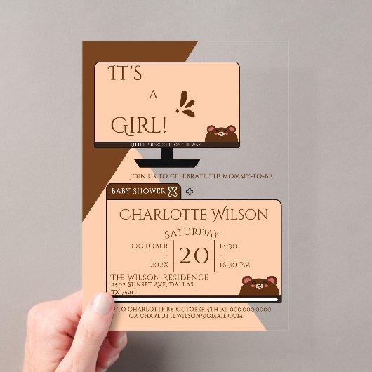 It's A Girl! かわいいクマのコンピューター画面 ベビーシャワー アクリル招待状 (インサイチュ (ポータブル))