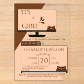 It's A Girl! かわいいクマのコンピューター画面 ベビーシャワー アクリル招待状 (正面)