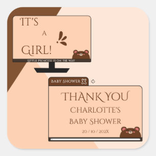 It's A Girl! かわいいクマのコンピューター画面 ベビーシャワー スクエアシール