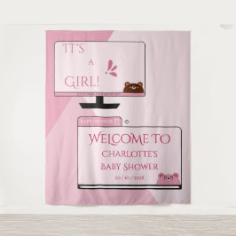 It's A Girl! かわいいクマのコンピューター画面 ベビーシャワー タペストリー