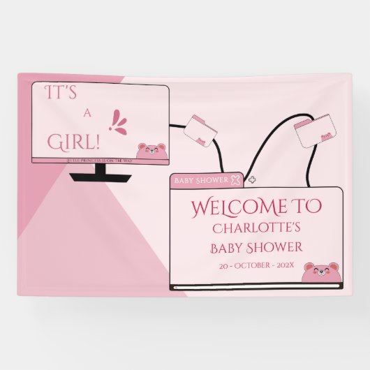 It's A Girl! かわいいクマのコンピューター画面 ベビーシャワー 横断幕 (横)