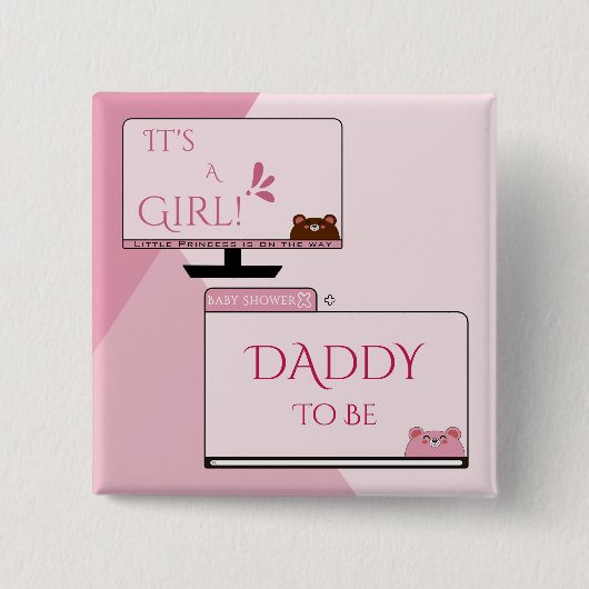 It's A Girl! かわいいクマ コンピューター画面 パパになる人へ 缶バッジ (正面)