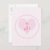 IT'S A GIRL – ソフトピンクと白のストライプ 案内ポストカード (正面/裏面)