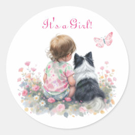 It's a Girl | ピンクのベビーと子犬のベビーシャワー ラウンドシール