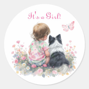 It's a Girl ピンクのベビーと子犬のベビーシャワー ラウンドシール