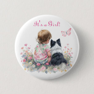 It's a Girl ピンクのベビーシャワーと子犬のギフト 缶バッジ