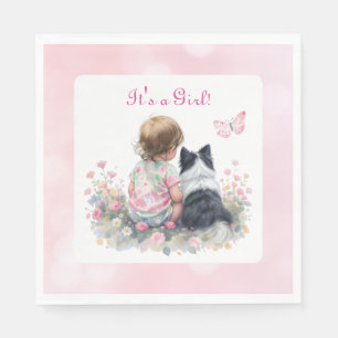 It's a Girl   ピンクのベビー＆子犬のベビーシャワー スタンダードランチョンナプキン