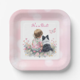 It's a Girl | ピンクのベビー&子犬のベビーシャワー ペーパープレート