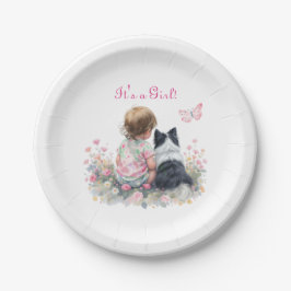 It's a Girl | ピンクのベビー&子犬のベビーシャワー ペーパープレート