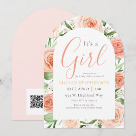 It's A Girl ブルッシュピンク フローラル ベビーシャワー QRコード 招待状