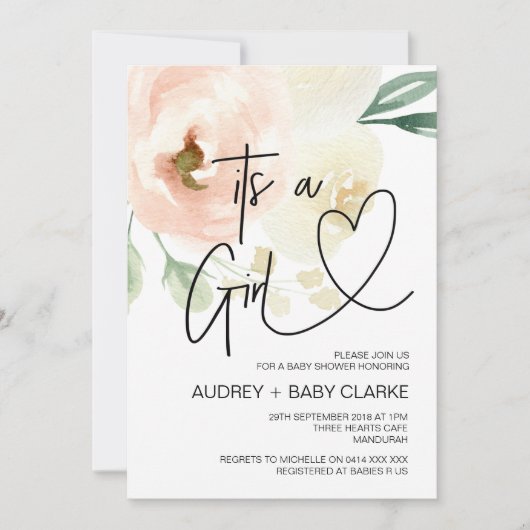 Its a Girl Baby Showerパーティー新生児パーティーフローラ 招待状 (正面)
