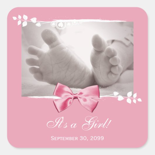 Its a Girl Baby Shower エレガント Birth Announcement スクエアシール (正面)