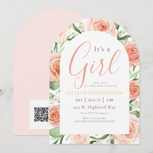 Its A Girl Blush Pink Floral Baby Shower QR Code 招待状 (正面/裏面)