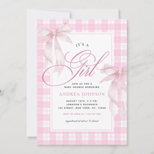 It's a Girl Bows & Pink Gingham Plaid Baby Shower 招待状 (正面)