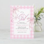It's a Girl Bows & Pink Gingham Plaid Baby Shower 招待状 (スタンド正面)