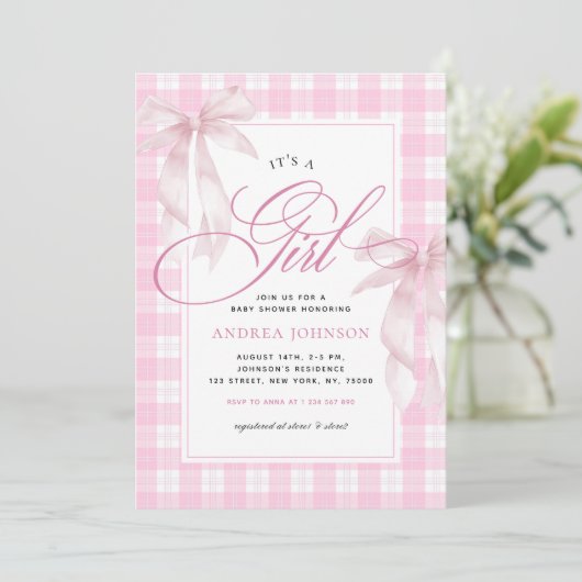It's a Girl Bows & Pink Gingham Plaid Baby Shower 招待状 (スタンド正面)