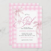 It's a Girl Bows & Pink Gingham Plaid Baby Shower 招待状 (正面/裏面)