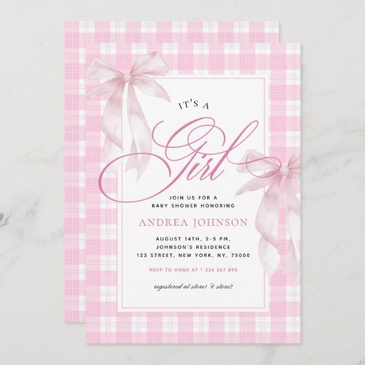 It's a Girl Bows & Pink Gingham Plaid Baby Shower 招待状 (正面/裏面)